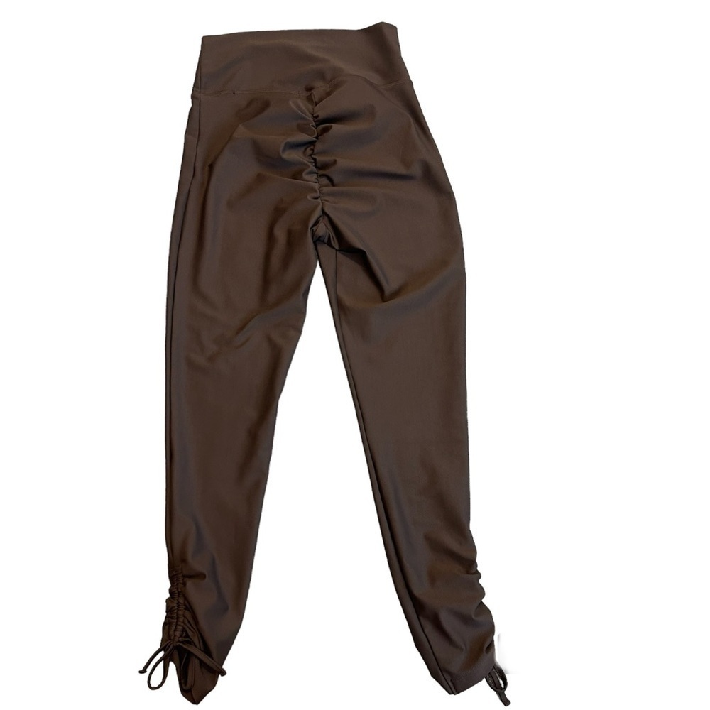 Revamped brown high waisted cinched scrunched bum leggings ruched tie ankle Sz M
